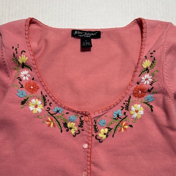 BETSEY JOHNSON Y2K Black Label Pink Floral Embroidered Scoop Neck Cardigan M - Picture 2 of 14